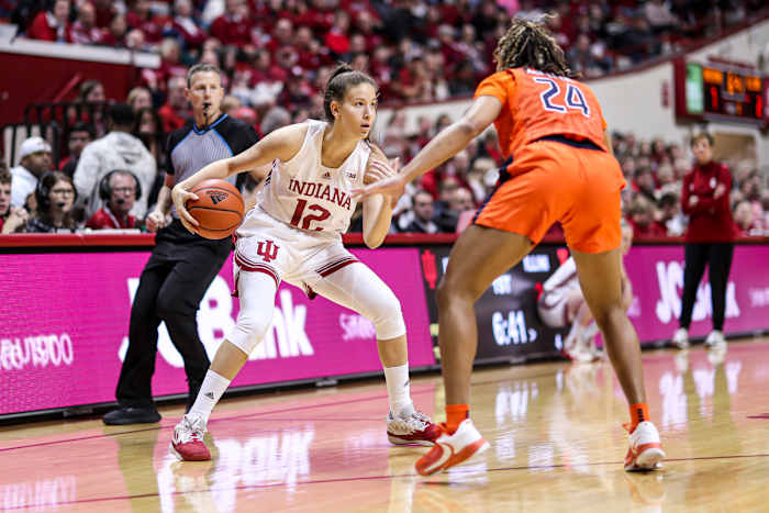Indiana's Yarden Garzon (12) looks for options around Illinois' Adalia McKenzie (24) in the Hoosiers, Fighting Illini game on Dec. 4 in Bloomington, Ind.
